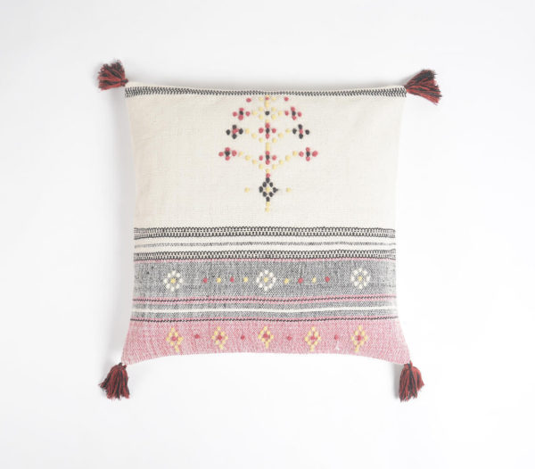 Handwoven & Dot Embroidered Tasseled Cushion Cover